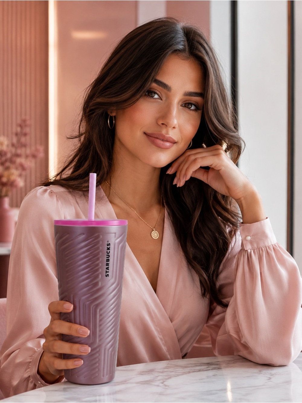 STARBUCKS Tumbler 24 oz Venti Metallic Mauve Pink Cold Cup Lid & Straw NWT 2025